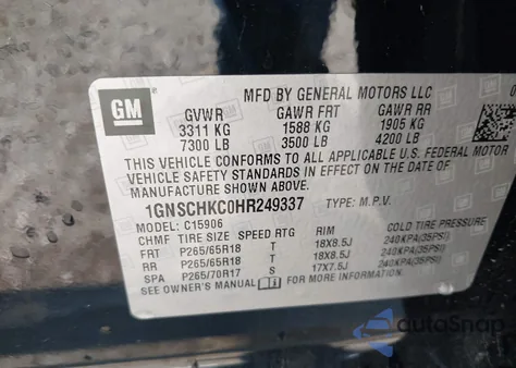 2017 Chevrolet Suburban Lt z USA, uszkodzony, nr VIN 1GNSCHKC0HR249337